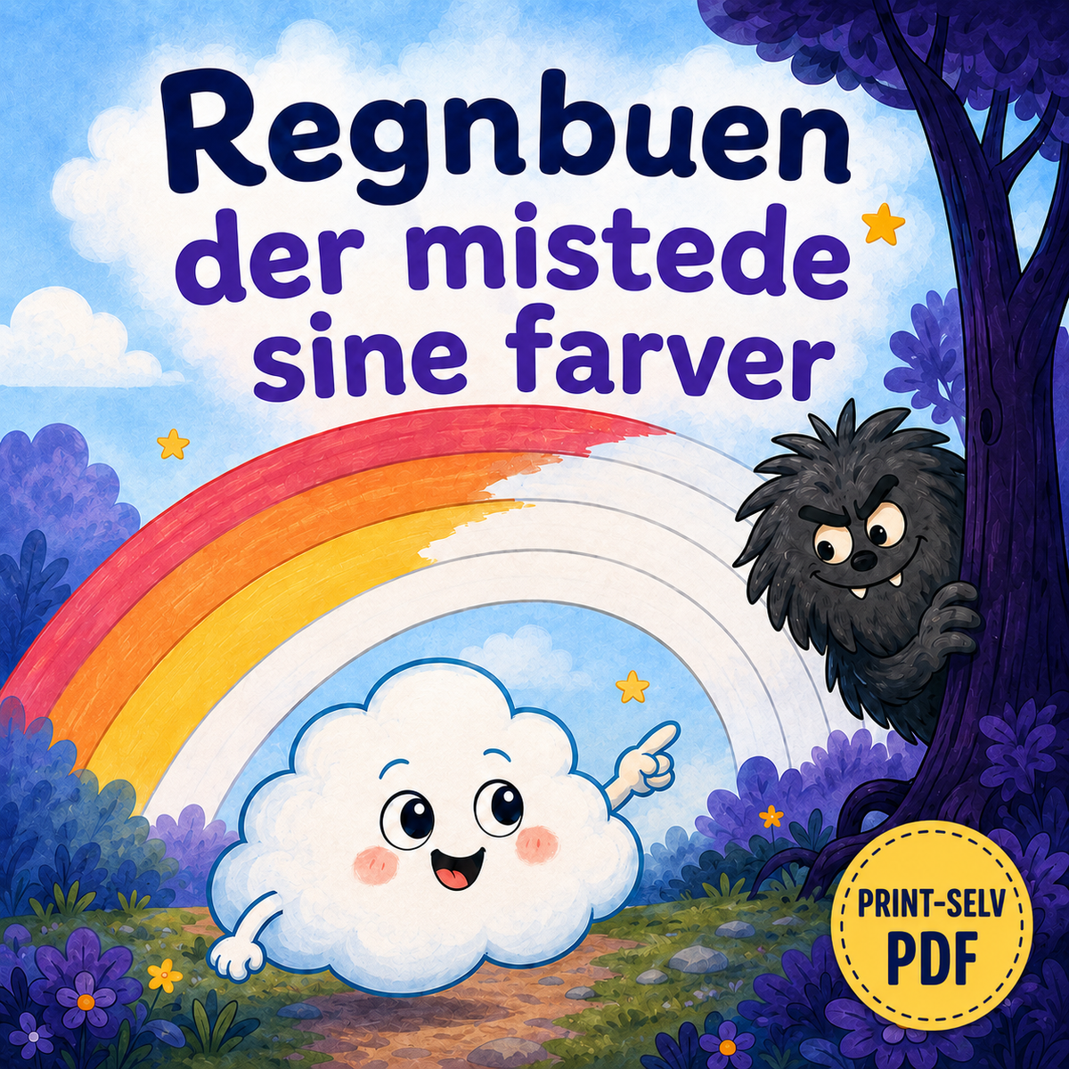 Gåden om Regnbuen der mistede sine farver – print selv gåde for børn 6–8 år fra Gådeuniverset